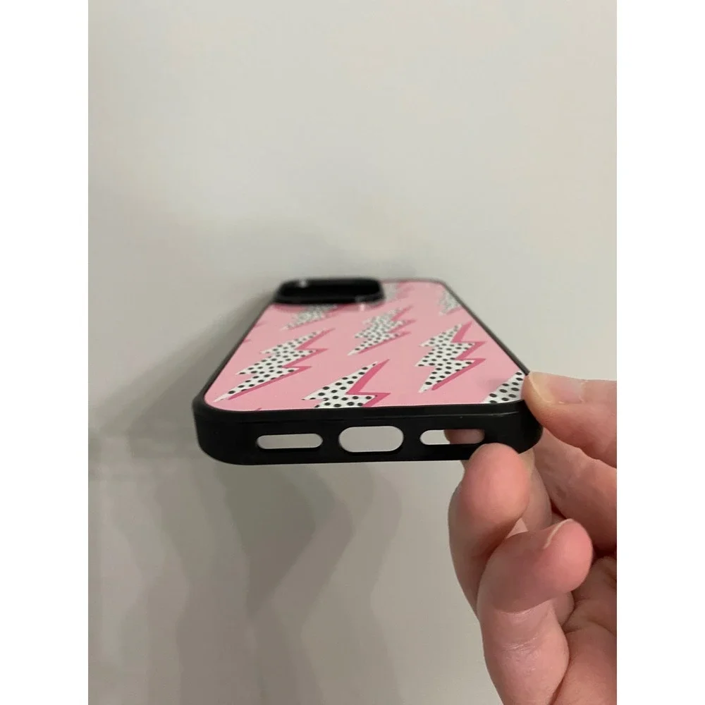 Lightning Bolt iPhone 14 Pro Case Unisex One Size‎ Pink Polka Dot Preppy Bumper