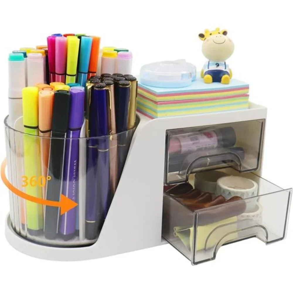 Desk Organizer with Rotating Pen Holder: White Caddy with 2 Drawers‎ for School