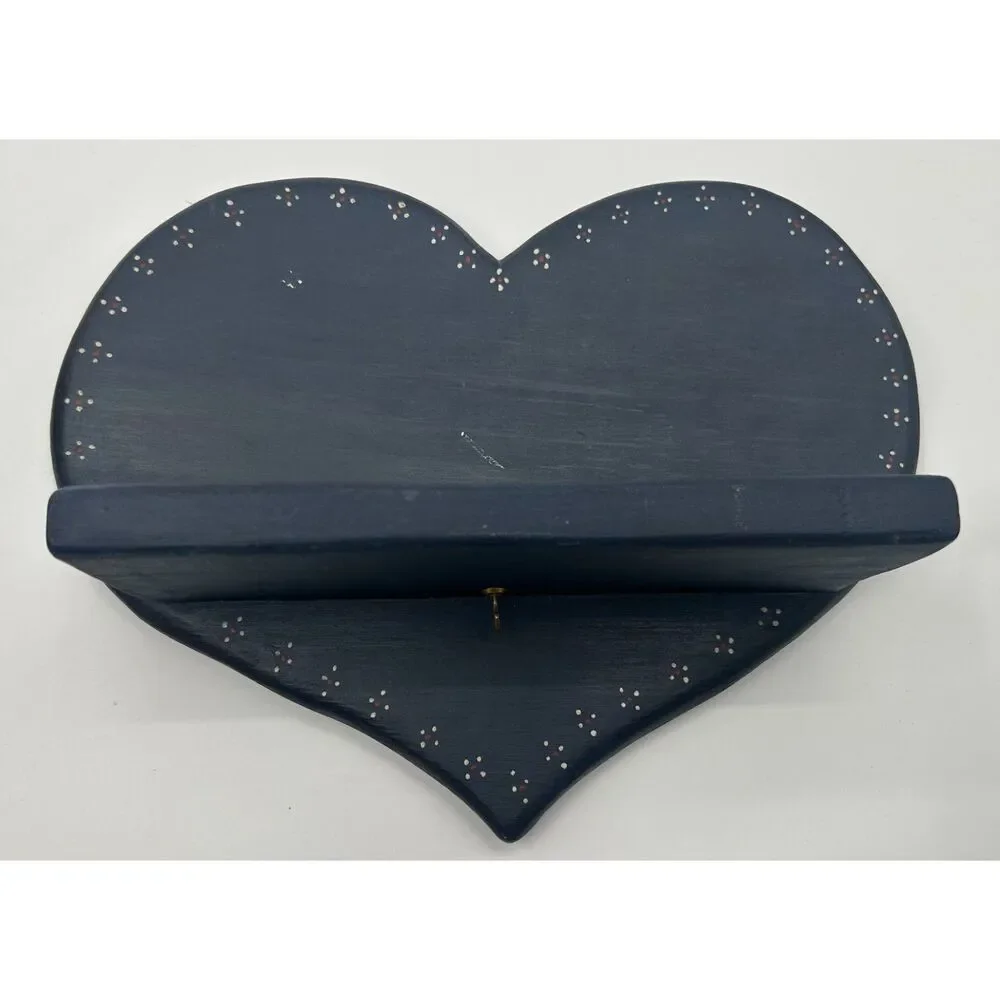 Vintage Blue Wooden Heart Cottagecore Trinket Shelf Wall Farmhouse