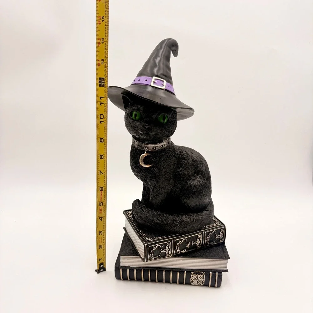 Black Cat Witch Figurine on Spell Books Gothic Halloween Decor Green Eyes Hat