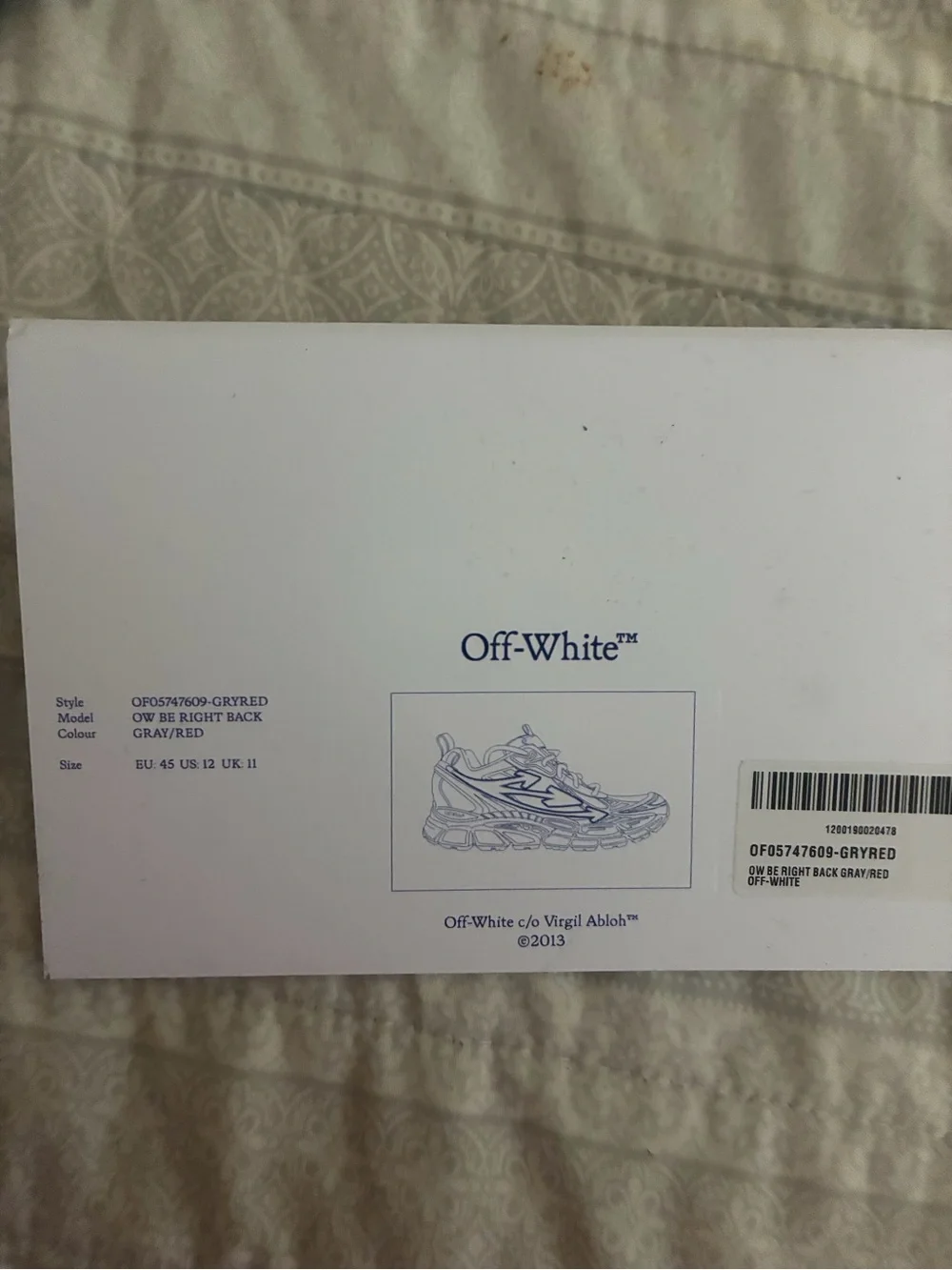 Off-White OW Be Right Back (OD BRL) White & Red Sneakers US 12 Like New