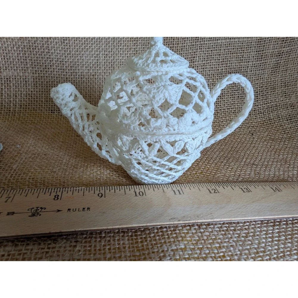 Handmade Stiffened Crochet Doily Tea Set Teapot Teacups Saucers Pink Blue White