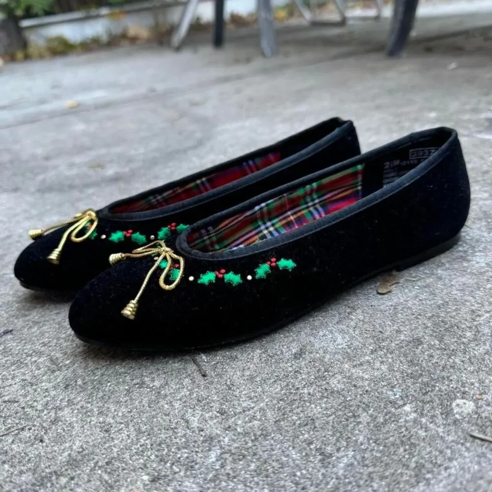 Vintage‎ Ballet Flats Kids Size 2.5 Velvet Freeze Frame Holly Gold Bow Coquette