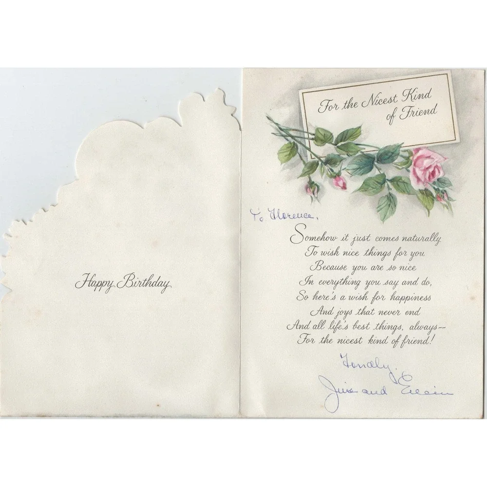 Vintage 1950s Hallmark Birthday Greeting Card Pink Cake Roses Germany VG