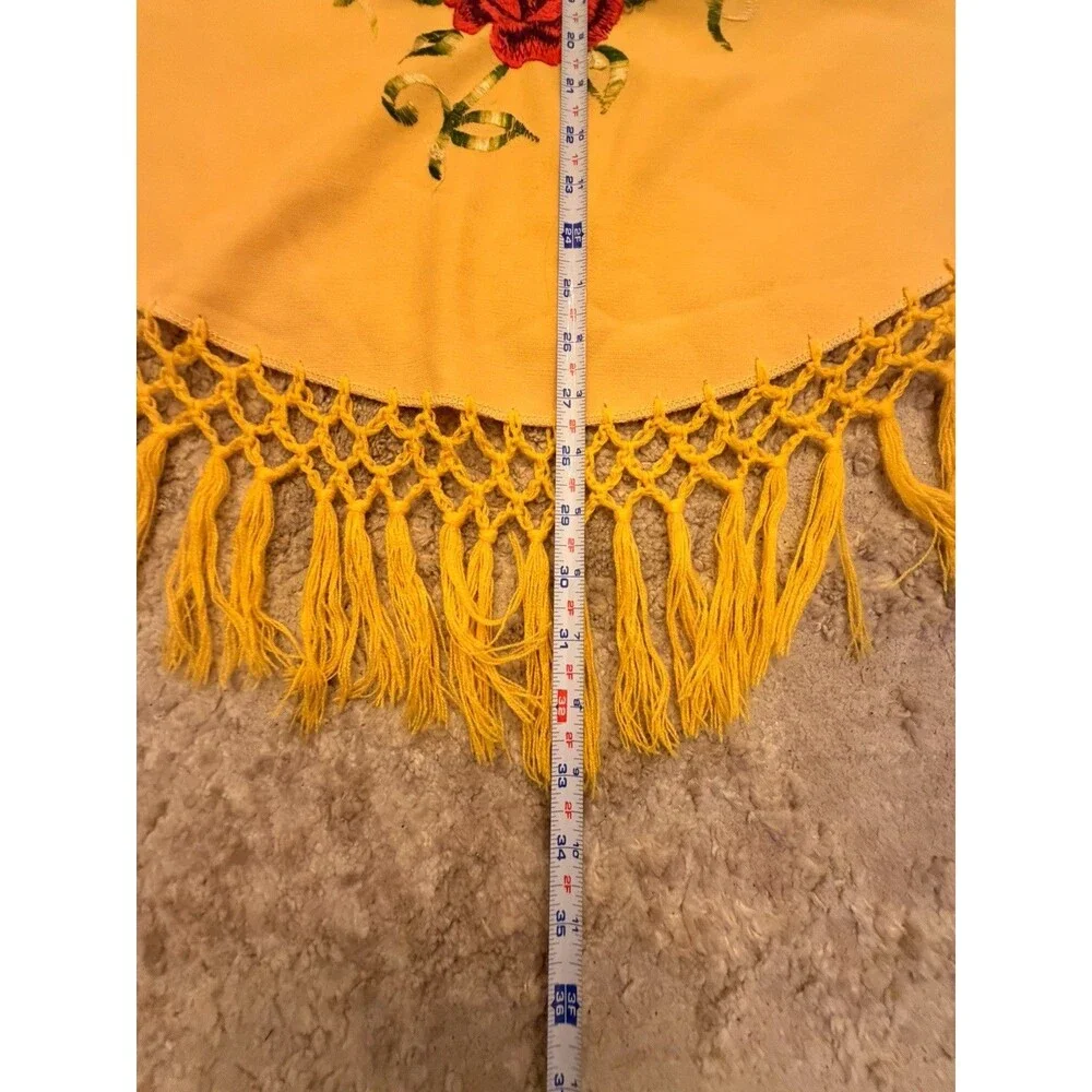 Vintage Handmade Crochet Embroidered Floral Yellow Shawl Wrap Mexican 75 X 33 C1
