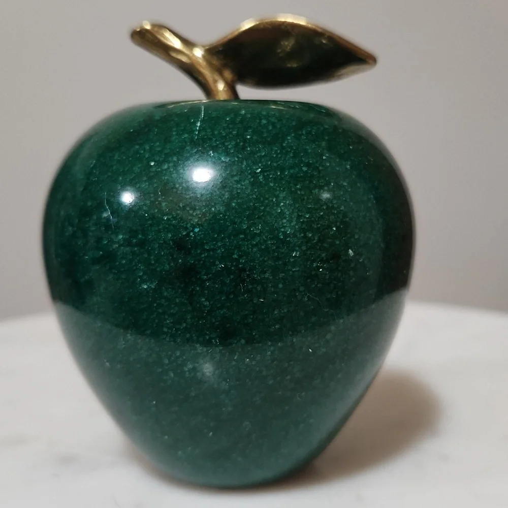 Green Marble Apple Sculpture Paperweight with Golden Brass Leaf
