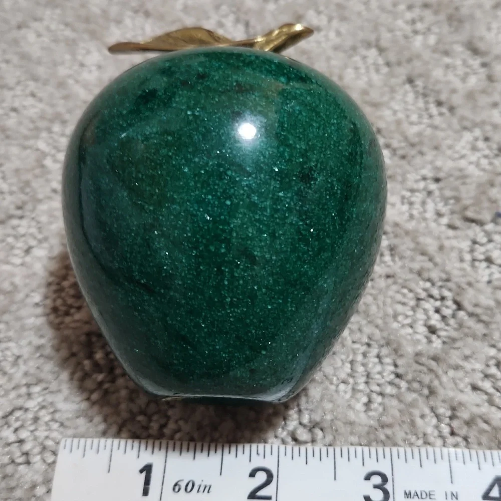 Green Marble Apple Sculpture Paperweight with Golden Brass Leaf