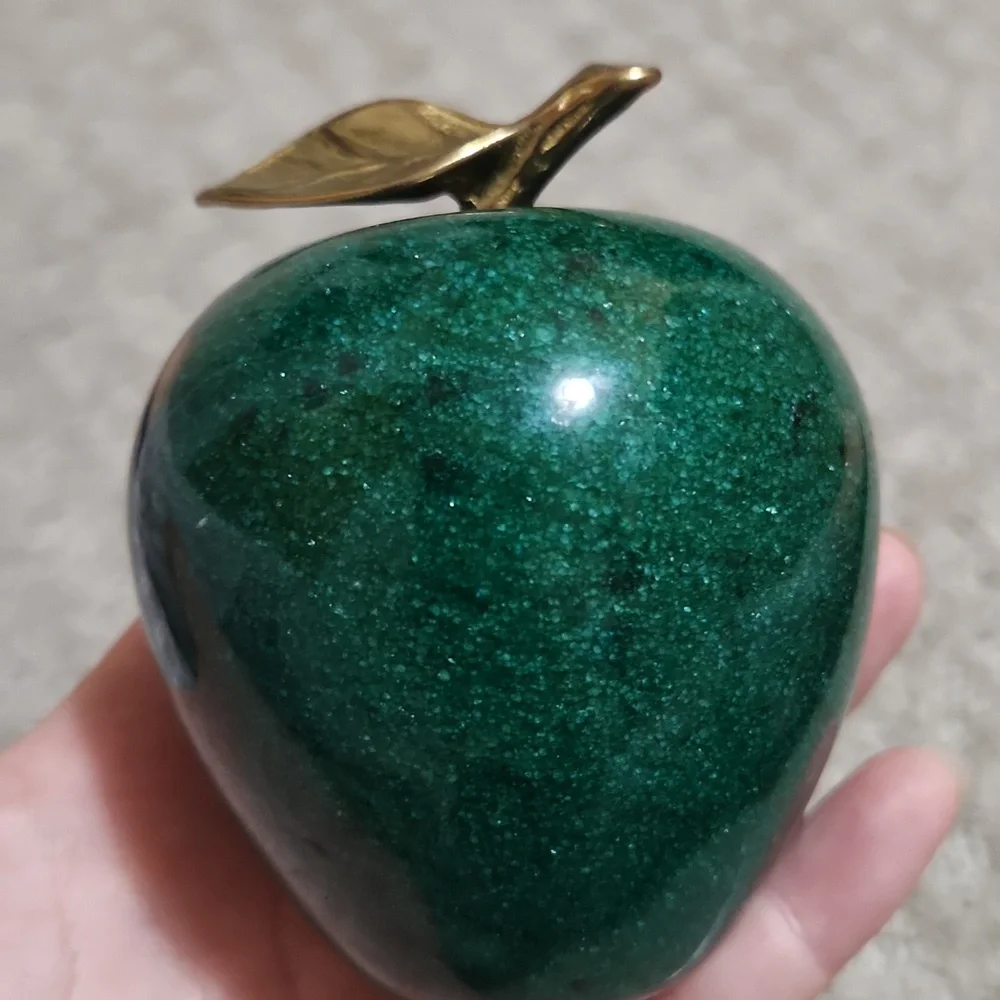 Green Marble Apple Sculpture Paperweight with Golden Brass Leaf