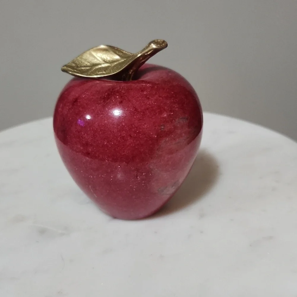 Red Marble Apple Paperweight Sculpture with Golden Brass Leaf
