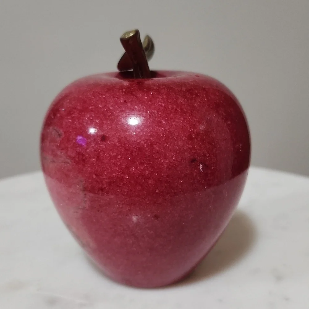 Red Marble Apple Paperweight Sculpture with Golden Brass Leaf