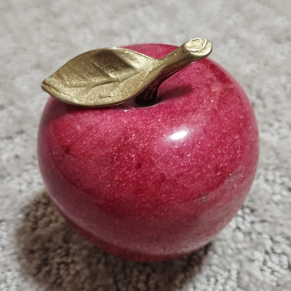 Red Marble Apple Paperweight Sculpture with Golden Brass Leaf