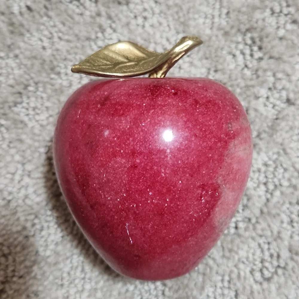 Red Marble Apple Paperweight Sculpture with Golden Brass Leaf
