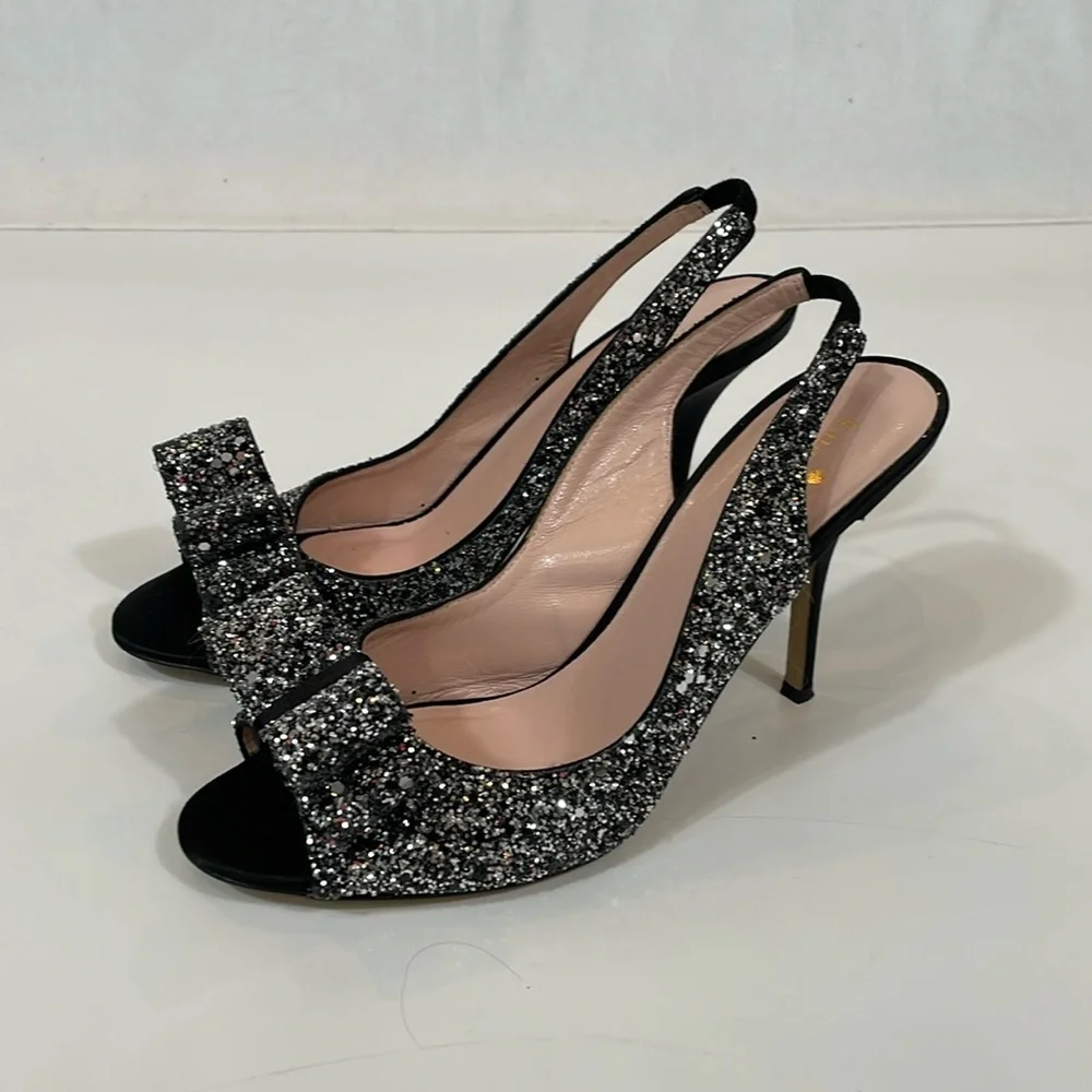 Kate Spade Glitter New York Heels Sandal Size 9.5 Black Silver Bow EUC