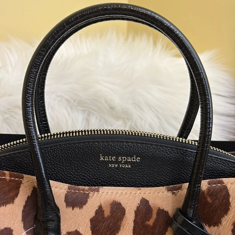 Kate Spade Margaux Medium Caviar Leather Leopard Calf Hair Crossbody Satchel Bag