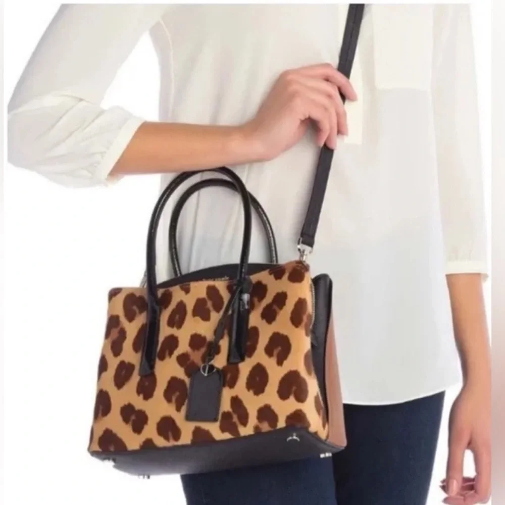 Kate Spade Margaux Medium Caviar Leather Leopard Calf Hair Crossbody Satchel Bag