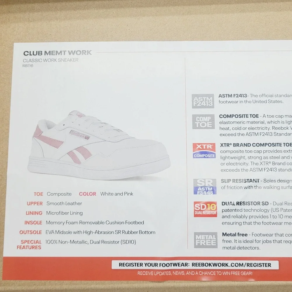 Reebok RB116 Women's Work Sneakers 11.5M White Pink Memory Foam Footbed‎