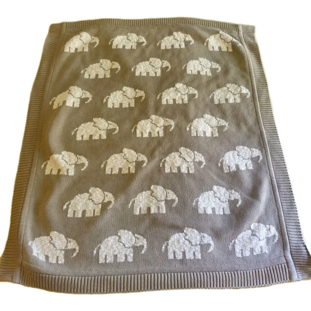 Made In India 100% Cotton Knit Baby Blanket Elephants Brown‎ Beige
