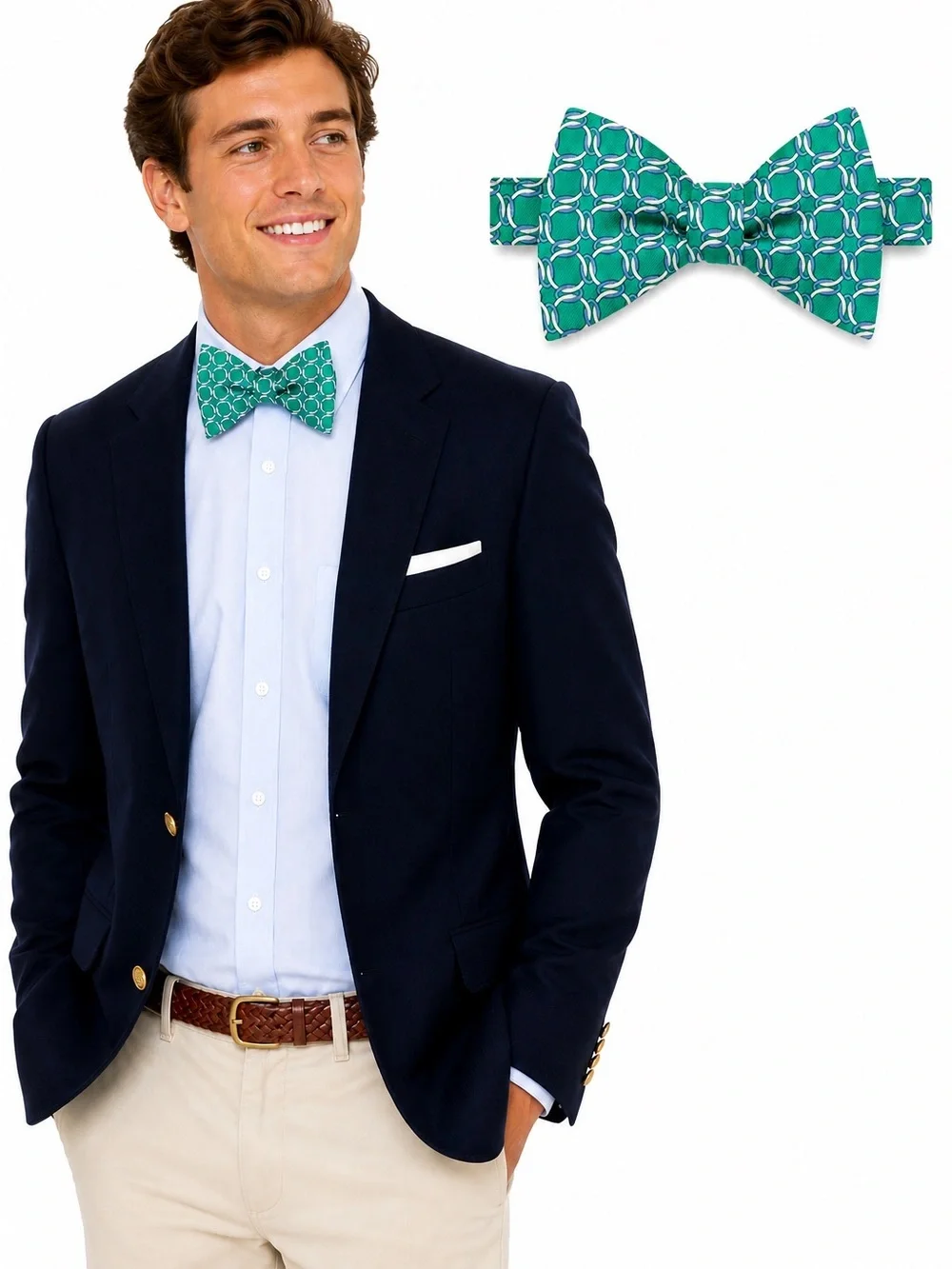 Brooks Brothers Silk Bow Tie Teal Aqua Color Adjustable Interlocking Circles