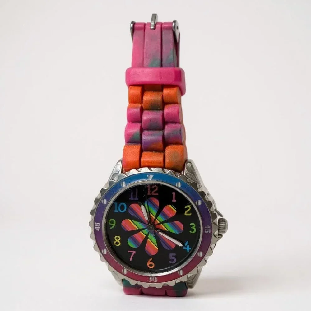 Accutime Women's Multi-color Rainbow Flower Silicone Analog‎ Quartz Watch