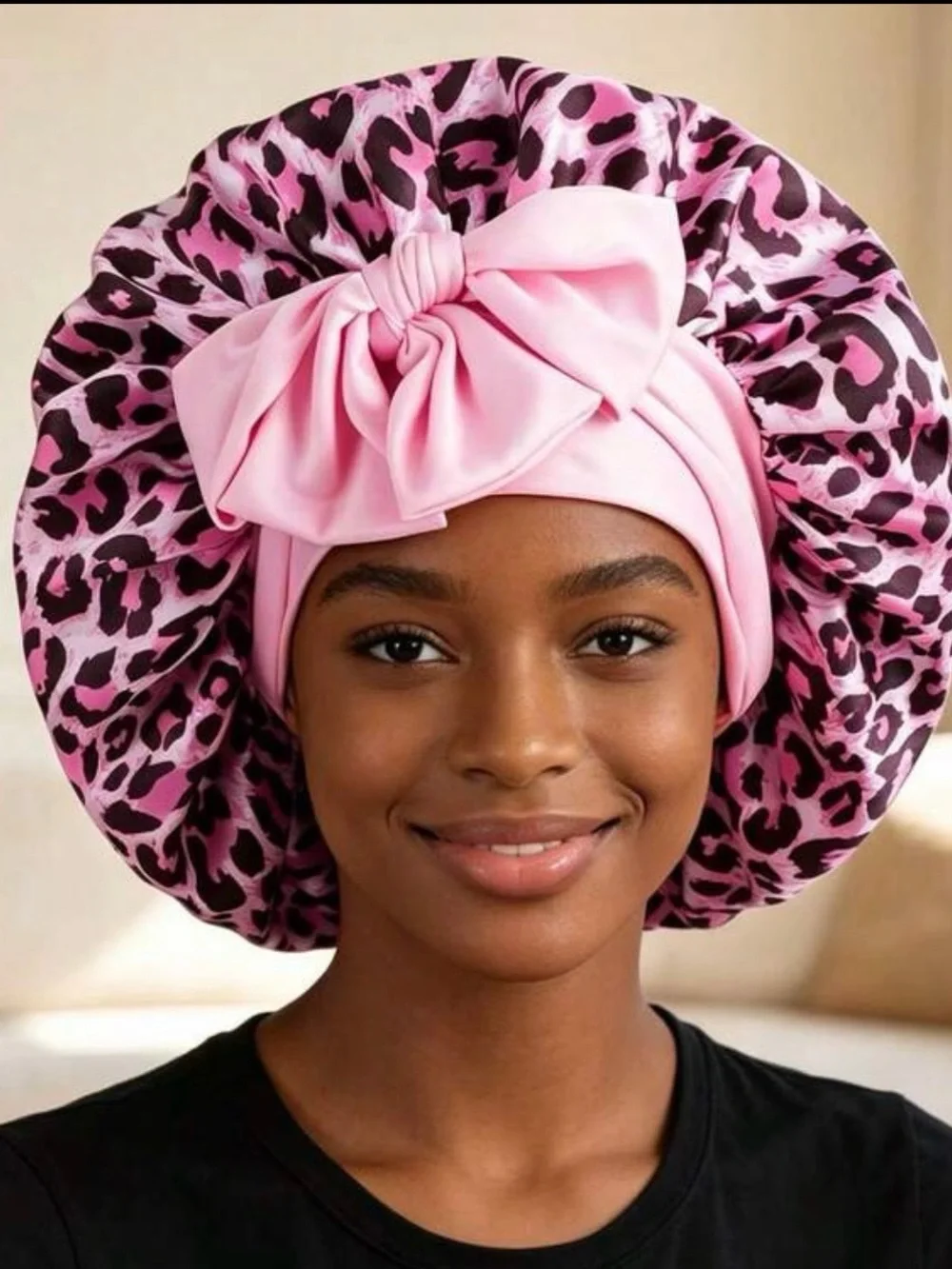 SHEIN Pink Leopard Satin Bonnet with Bow Accent