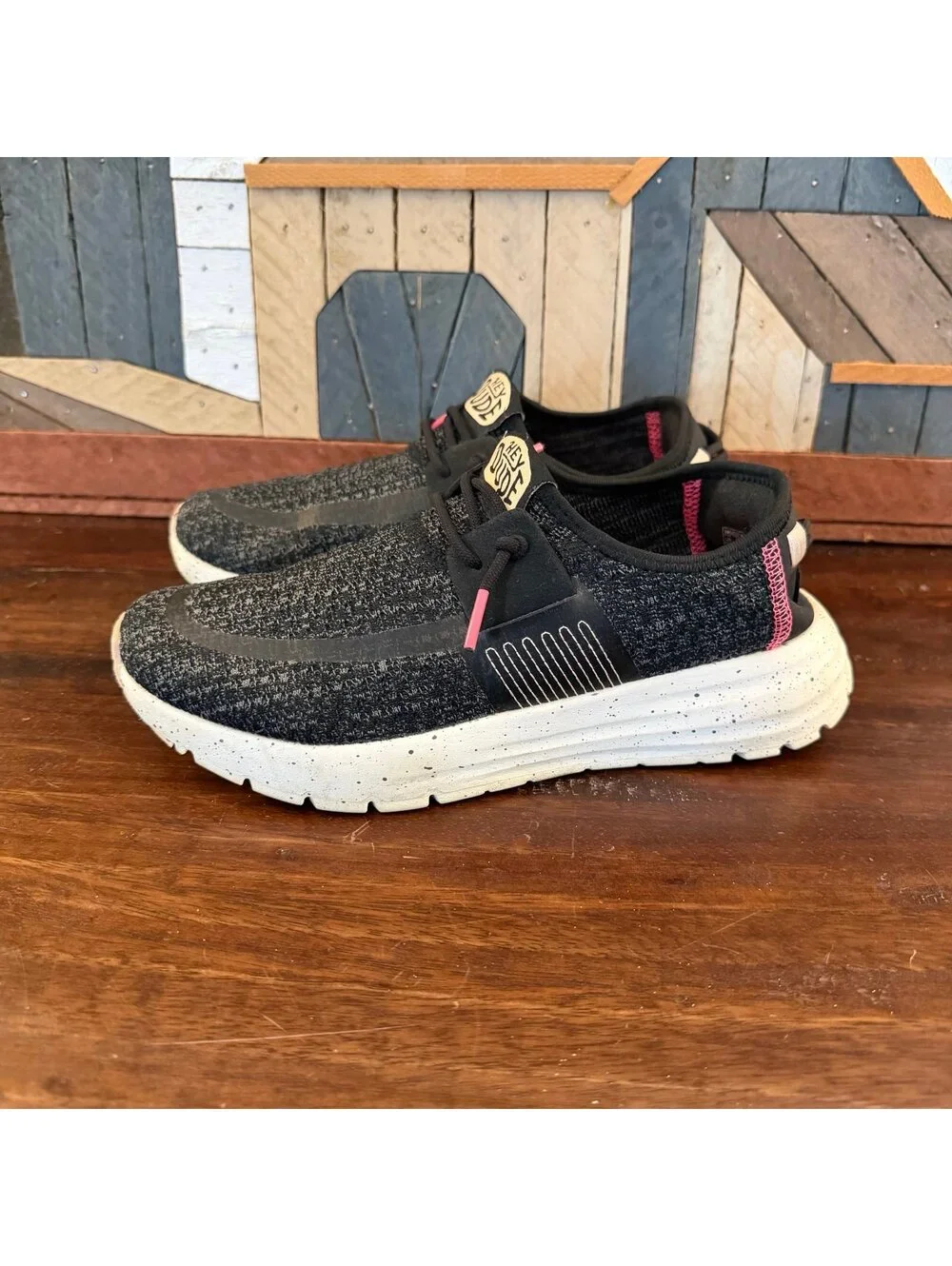 Hey Dude Women's Sirocco Sport Stripe Slip On Sneakers Black‎ Pink Size W6