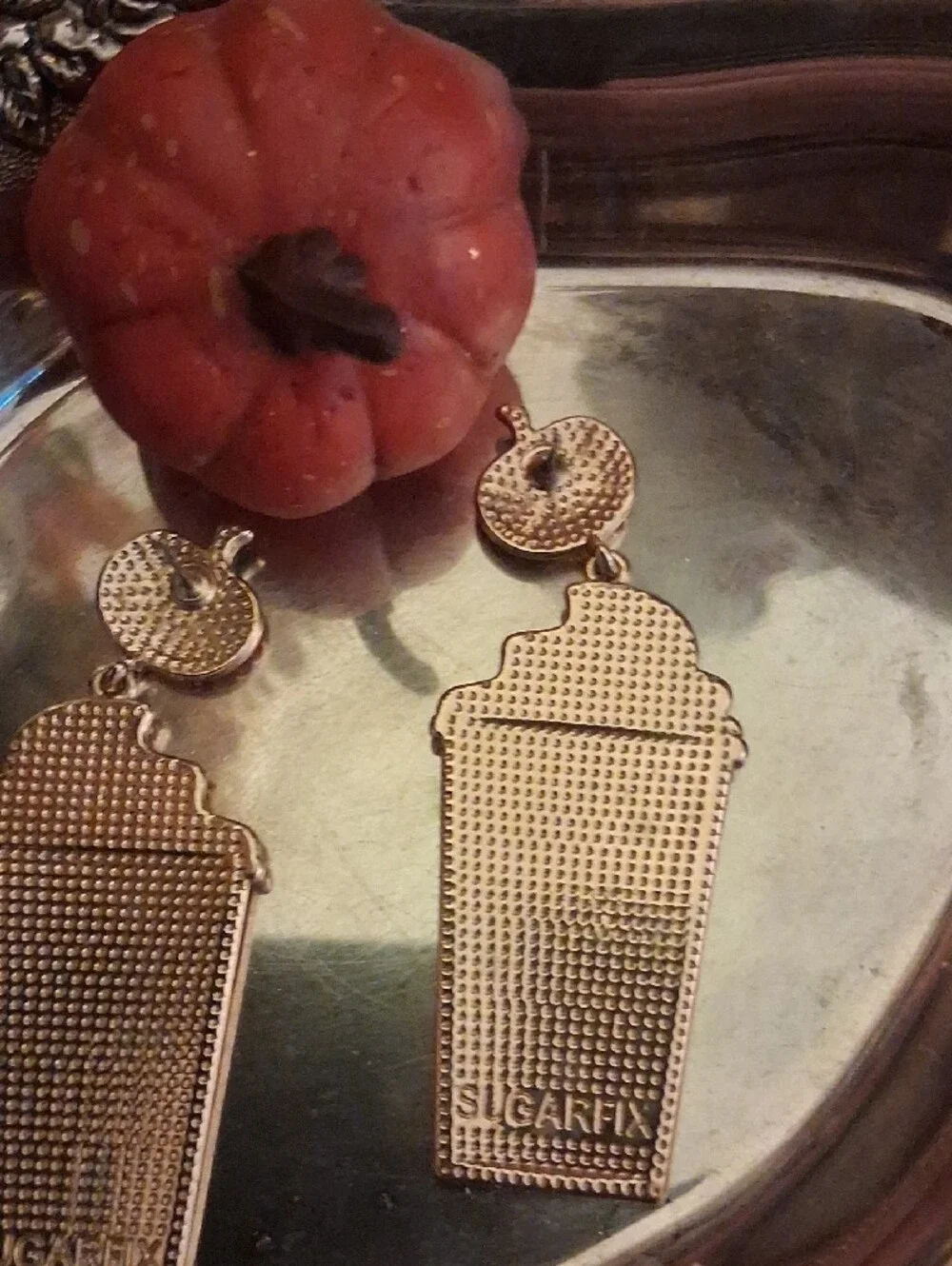 🎃Gold & Red 'Spice' Pumpkin Drink Earrings - Festive Home Party Accessory