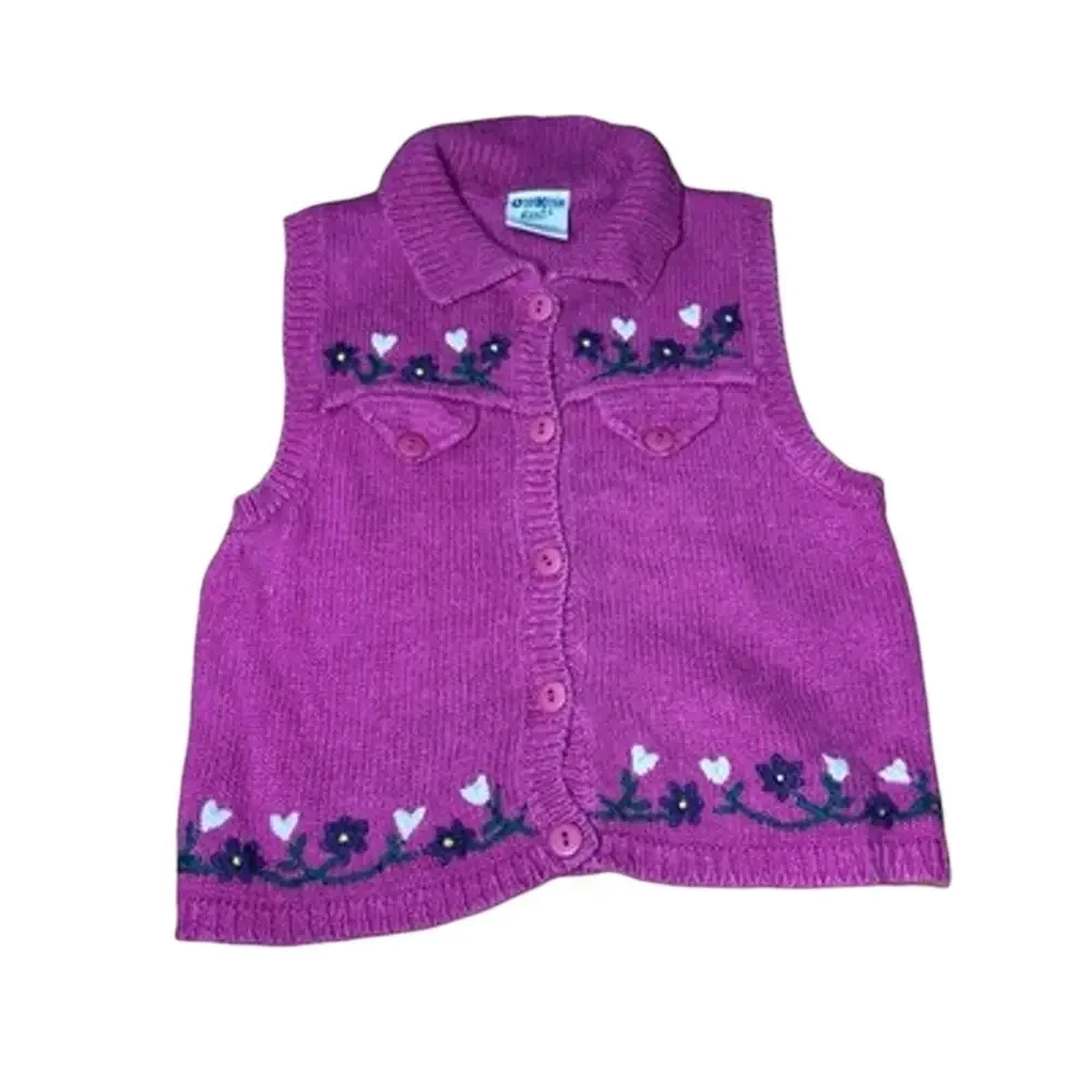 Vintage OshKosh B’gosh Girls Sweater Vest Size 4/5 Purple Floral Hearts