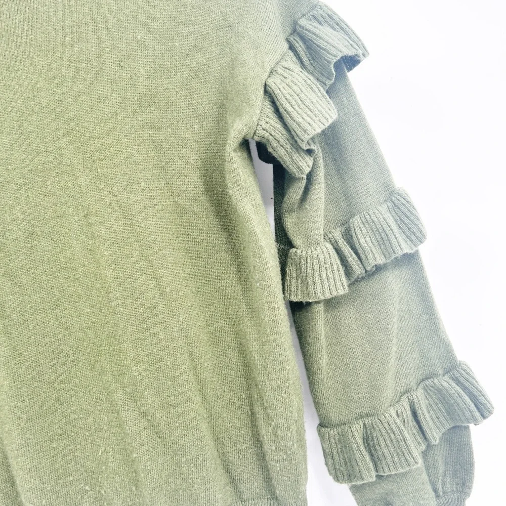 J. Crew Womens‎ Moss Green Wool Blend Tiered Ruffle Sleeve Preppy Sweater XXS