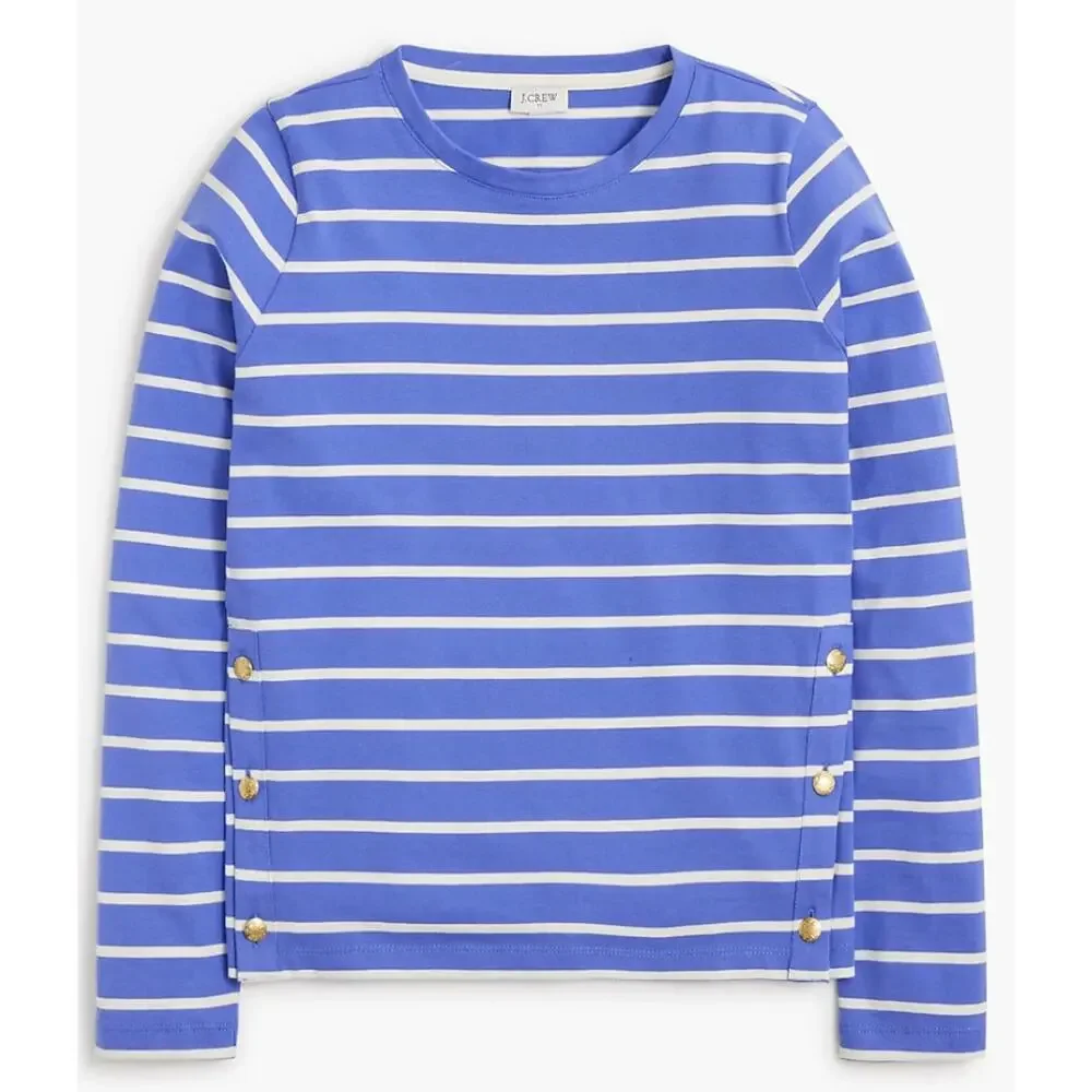 J. Crew Striped Long Sleeve Side Button Top Cool Lilac Blue Ivory CG041 Size M