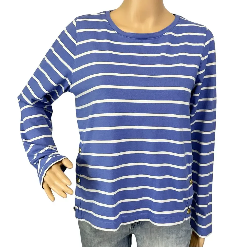 J. Crew Striped Long Sleeve Side Button Top Cool Lilac Blue Ivory CG041 Size M
