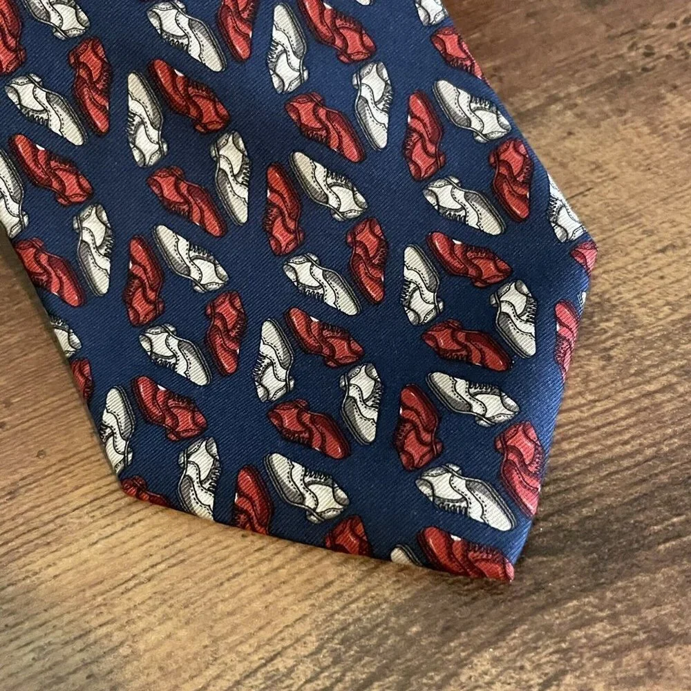 Bally Mens Silk Necktie USA Made Navy Blue Spectator Wingtip Shoe Novelty Print