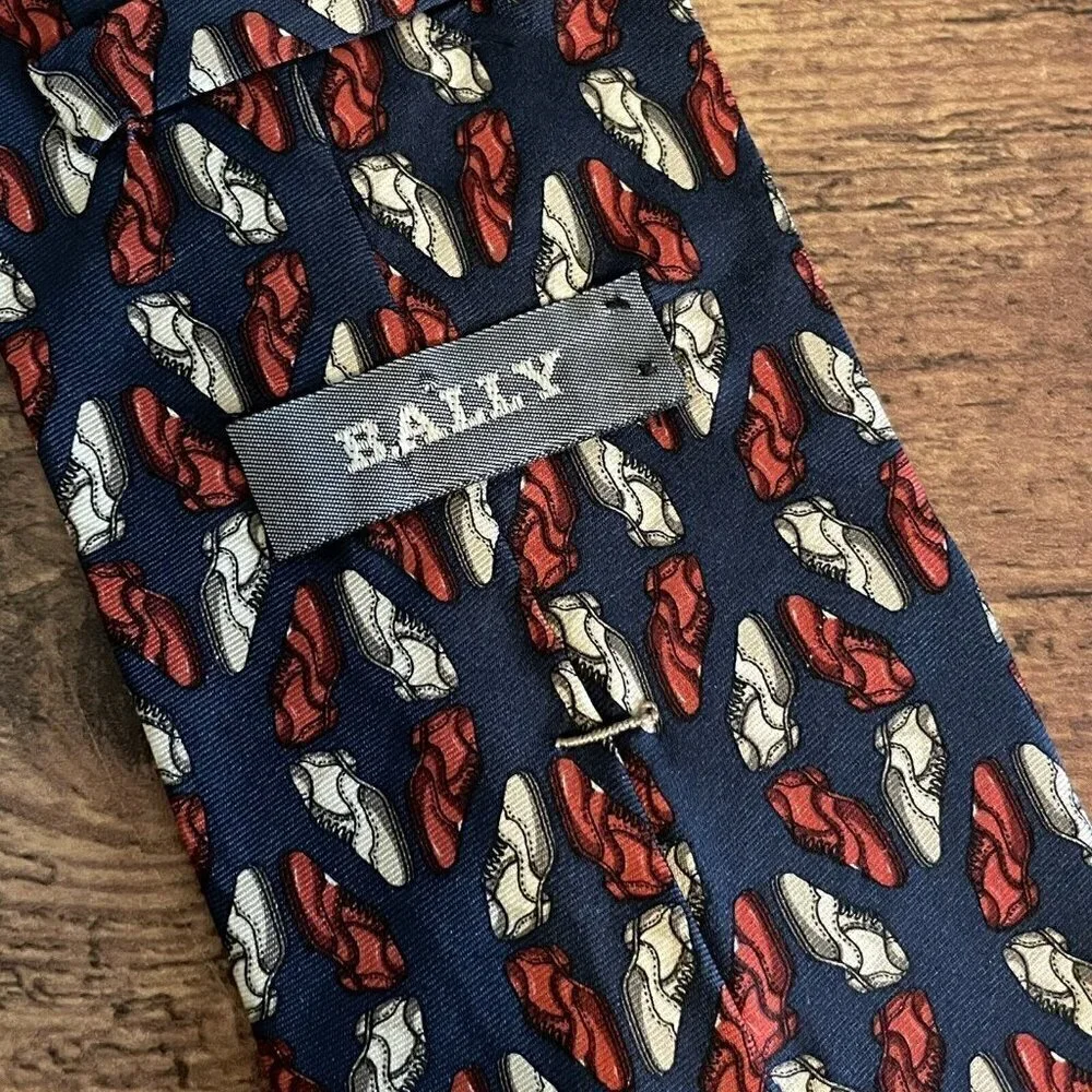 Bally Mens Silk Necktie USA Made Navy Blue Spectator Wingtip Shoe Novelty Print
