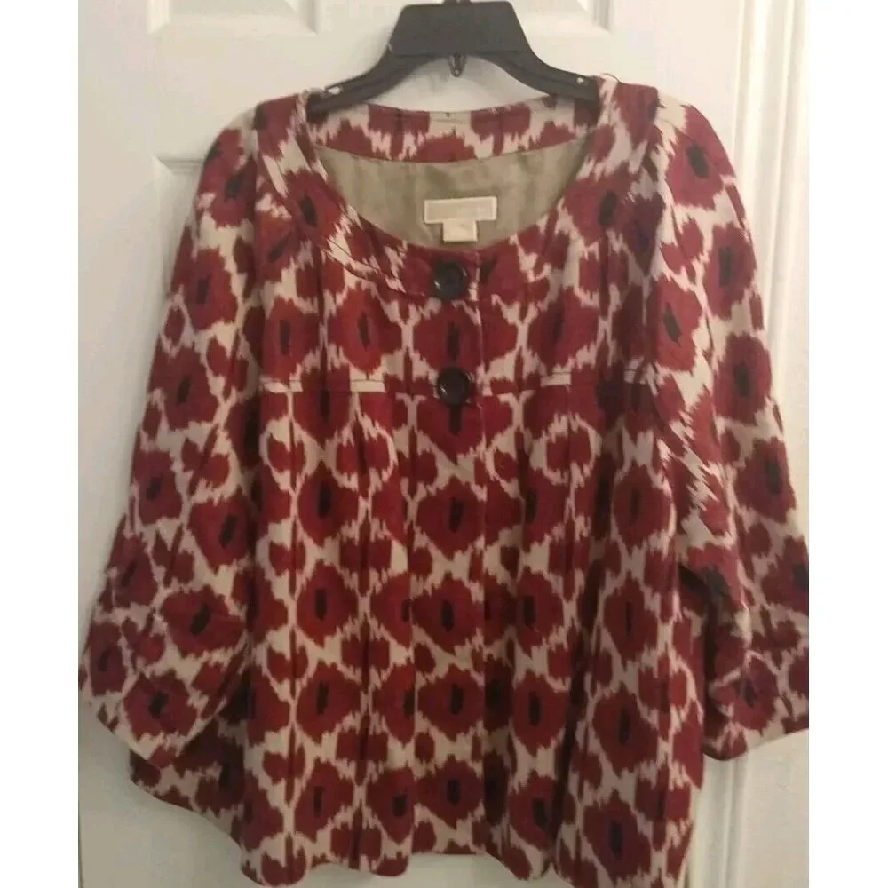 MICHAEL‎ Michael Kors Topper Jacket 3/4 Sleeve Button Front Red Print Plus