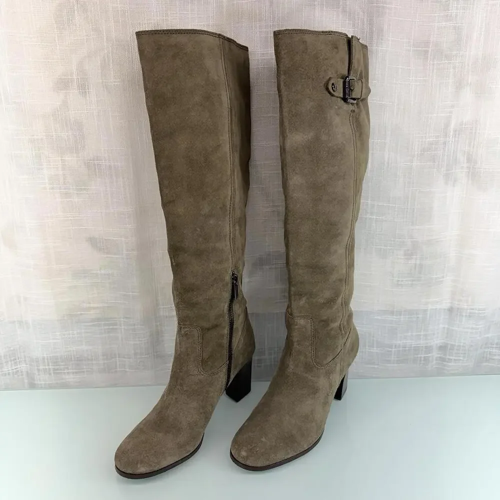 Michael Kors Burke Knee High Suede Boots Sz 7.5 Equestrian Chic Block‎ Heel