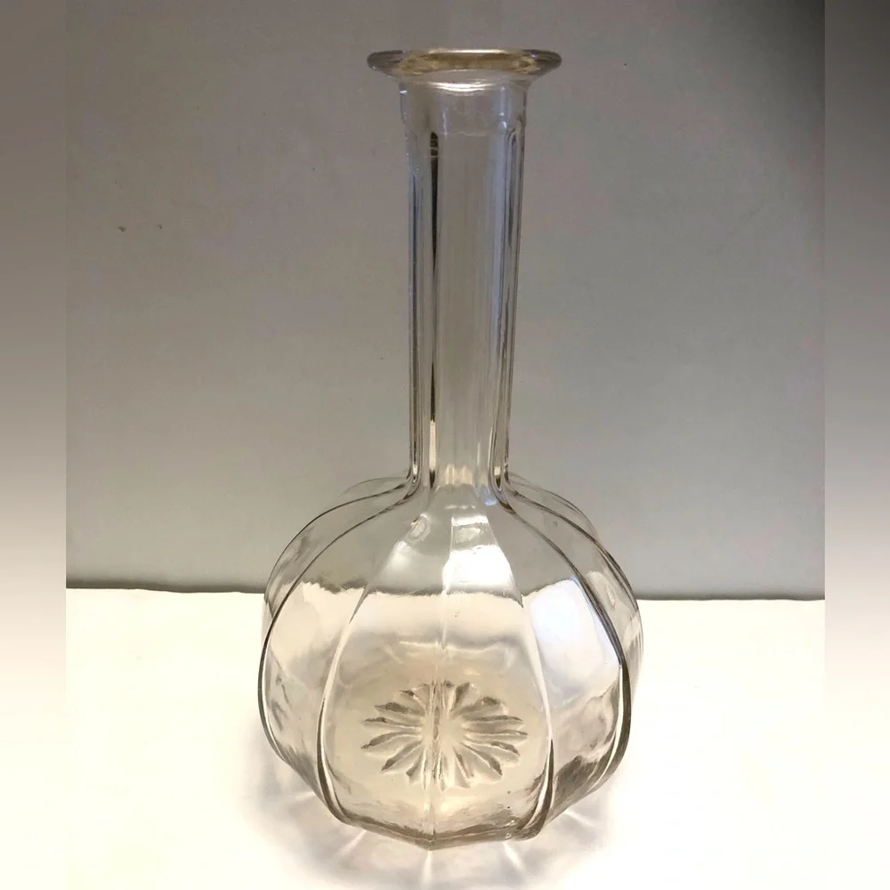 Vintage Decanter Bottle No Stopper Long Neck Ribbed Glass Curvy Flower Bottom