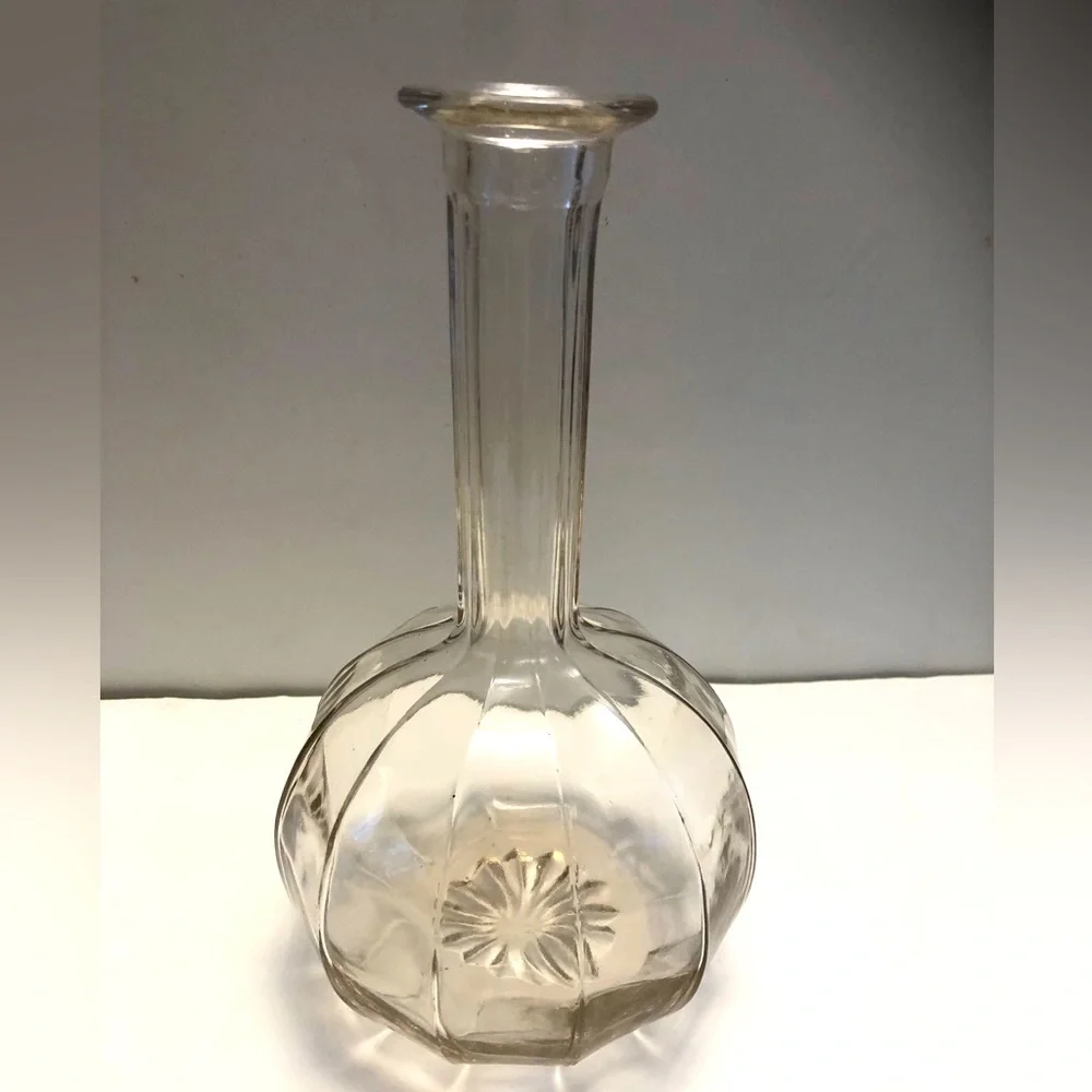 Vintage Decanter Bottle No Stopper Long Neck Ribbed Glass Curvy Flower Bottom