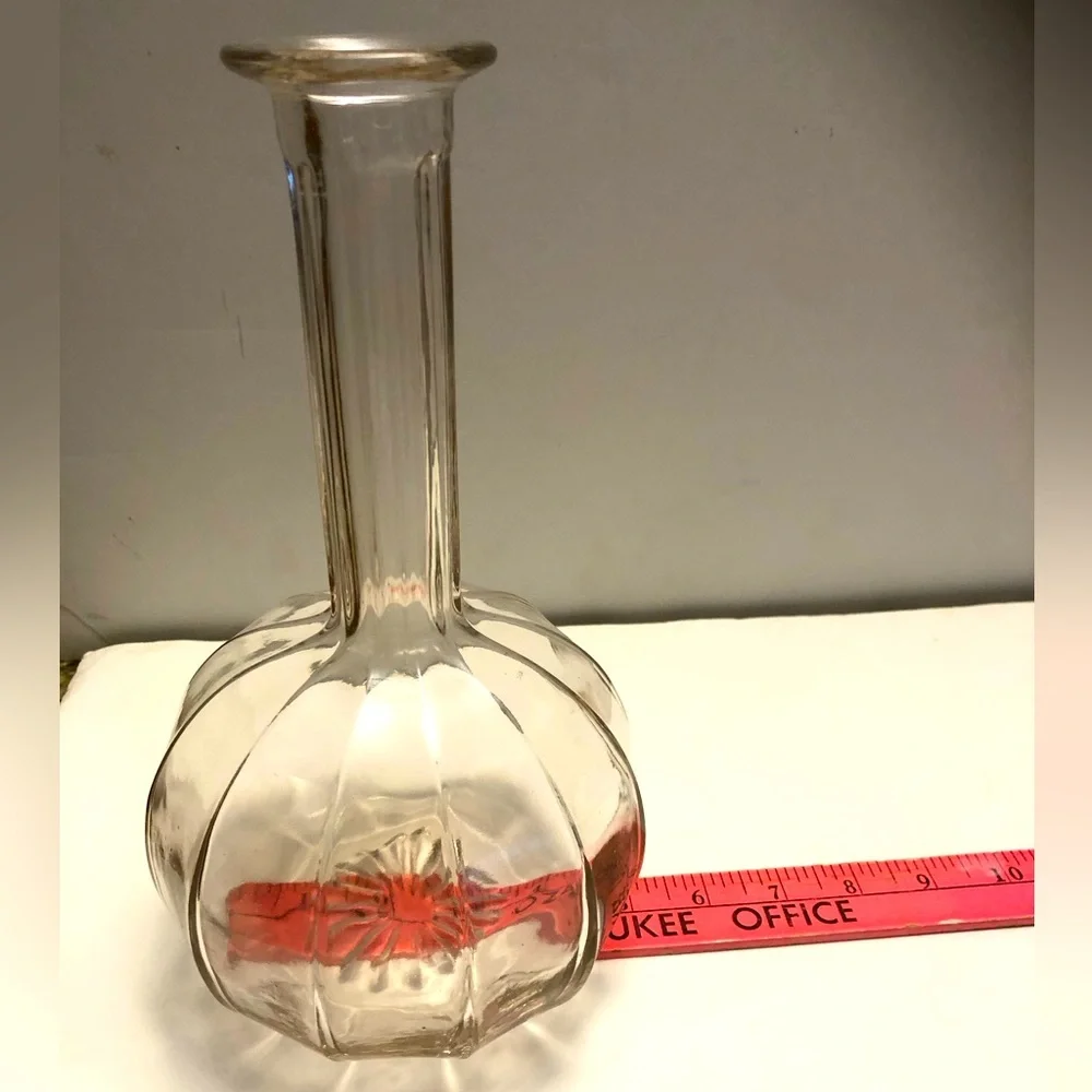 Vintage Decanter Bottle No Stopper Long Neck Ribbed Glass Curvy Flower Bottom