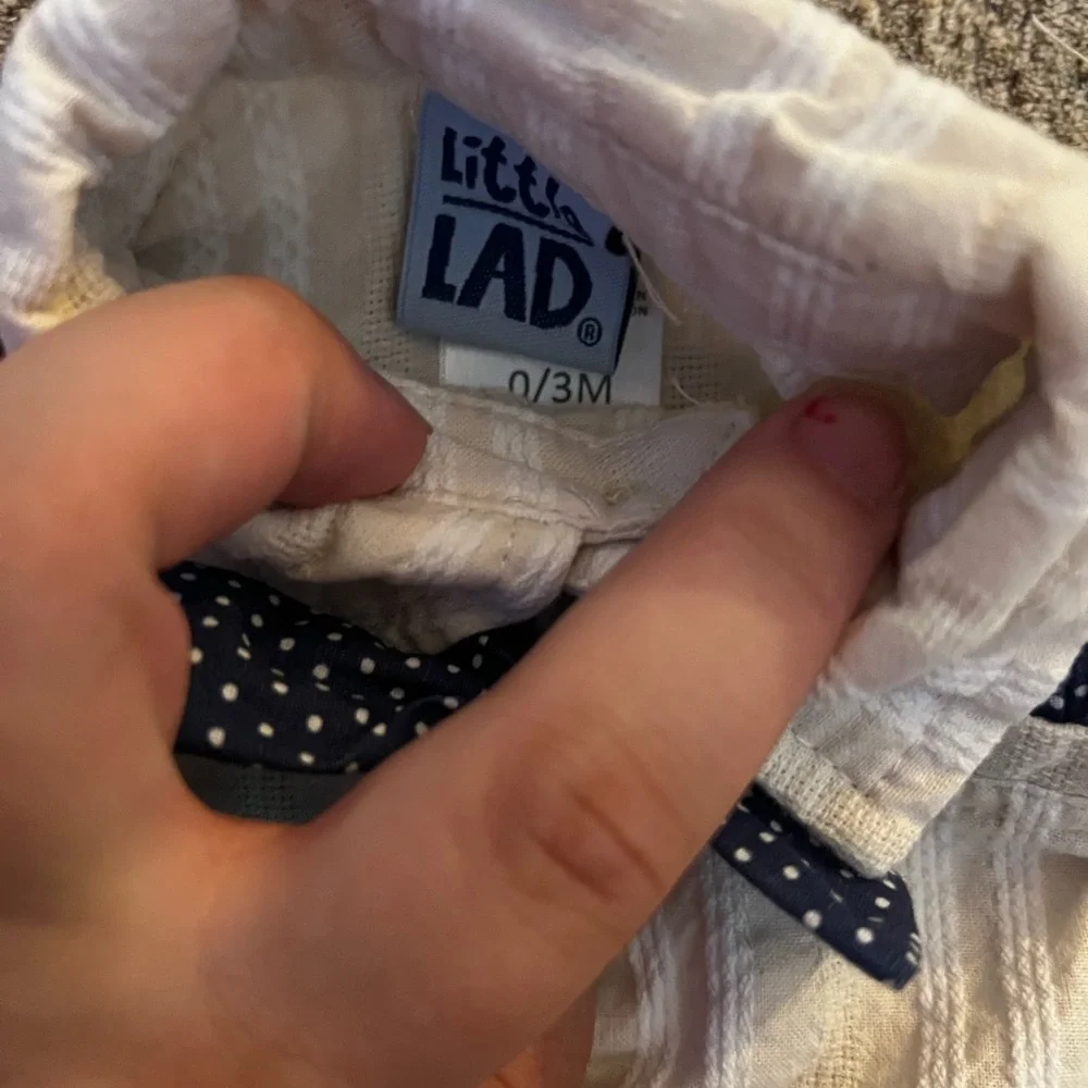 Little Lad Cream Striped Baby Romper with Blue Bow Tie 0-3 Months