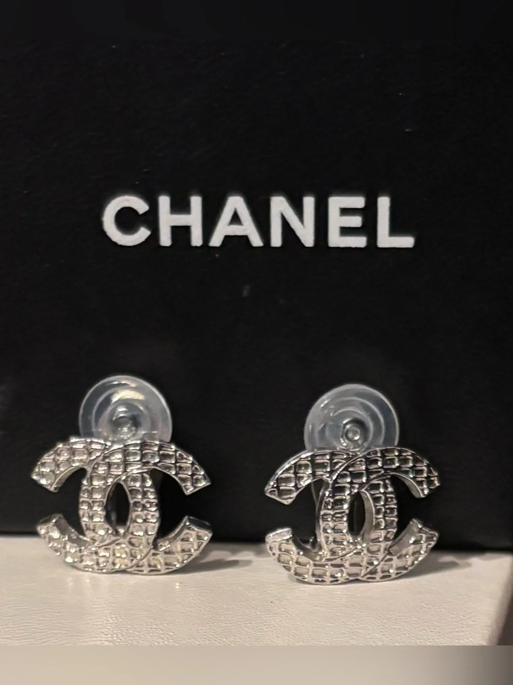CHANEL Silver Quilted CC Logo Stud Earrings w/COA