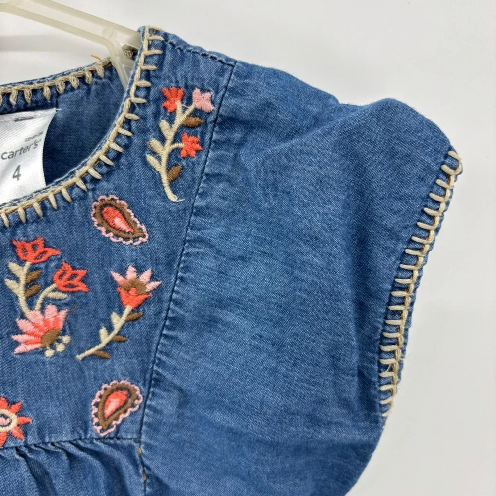 Carter's Embroidered Chambray Top Kids 4 Blue Floral Boho Babydoll Denim Cottage