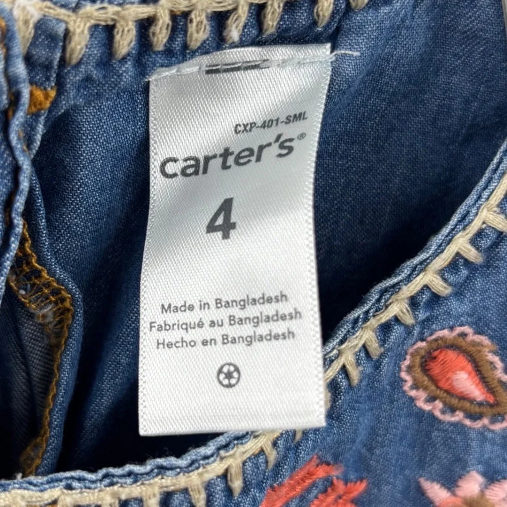 Carter's Embroidered Chambray Top Kids 4 Blue Floral Boho Babydoll Denim Cottage