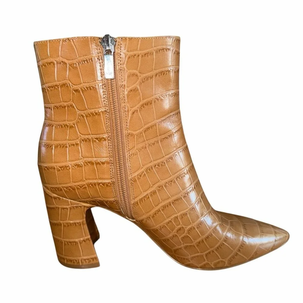 Marc Fisher Daith Croc Embossed Leather Ankle Boot Cognac Brown Block Heel 8.5M