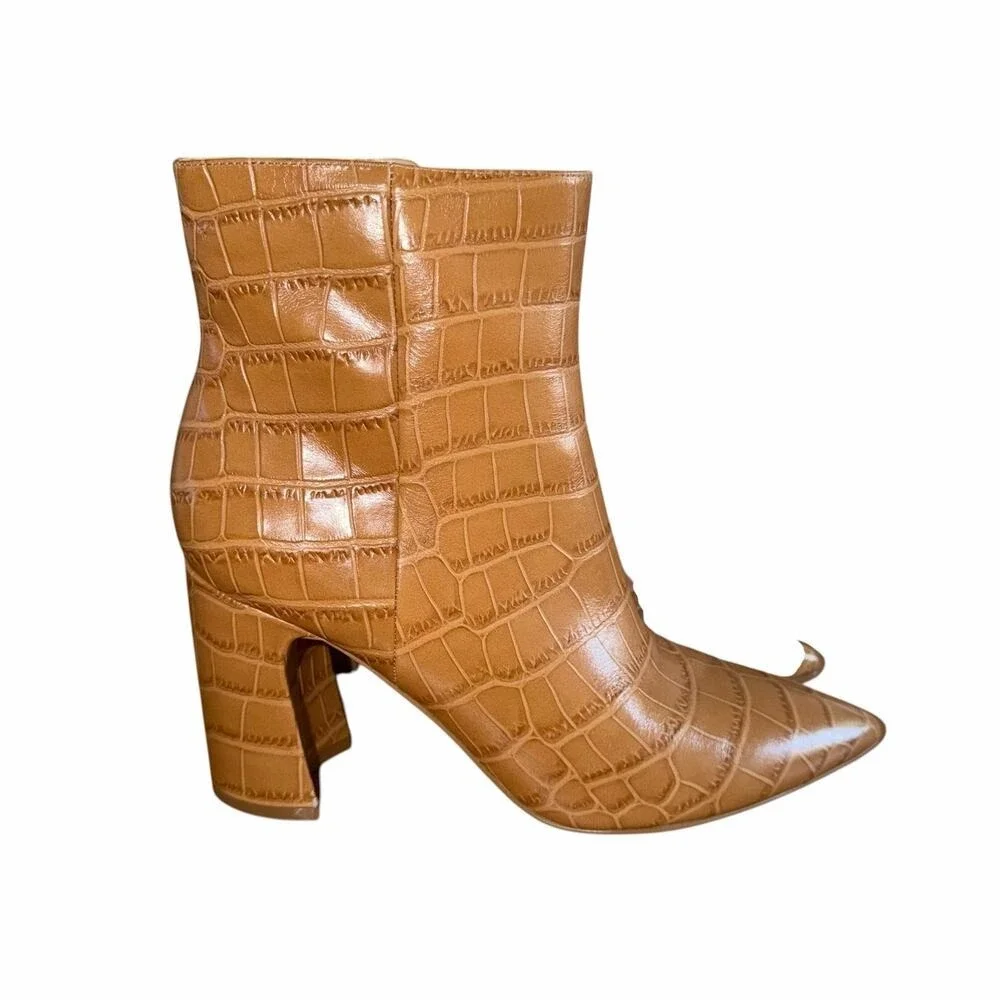 Marc Fisher Daith Croc Embossed Leather Ankle Boot Cognac Brown Block Heel 8.5M