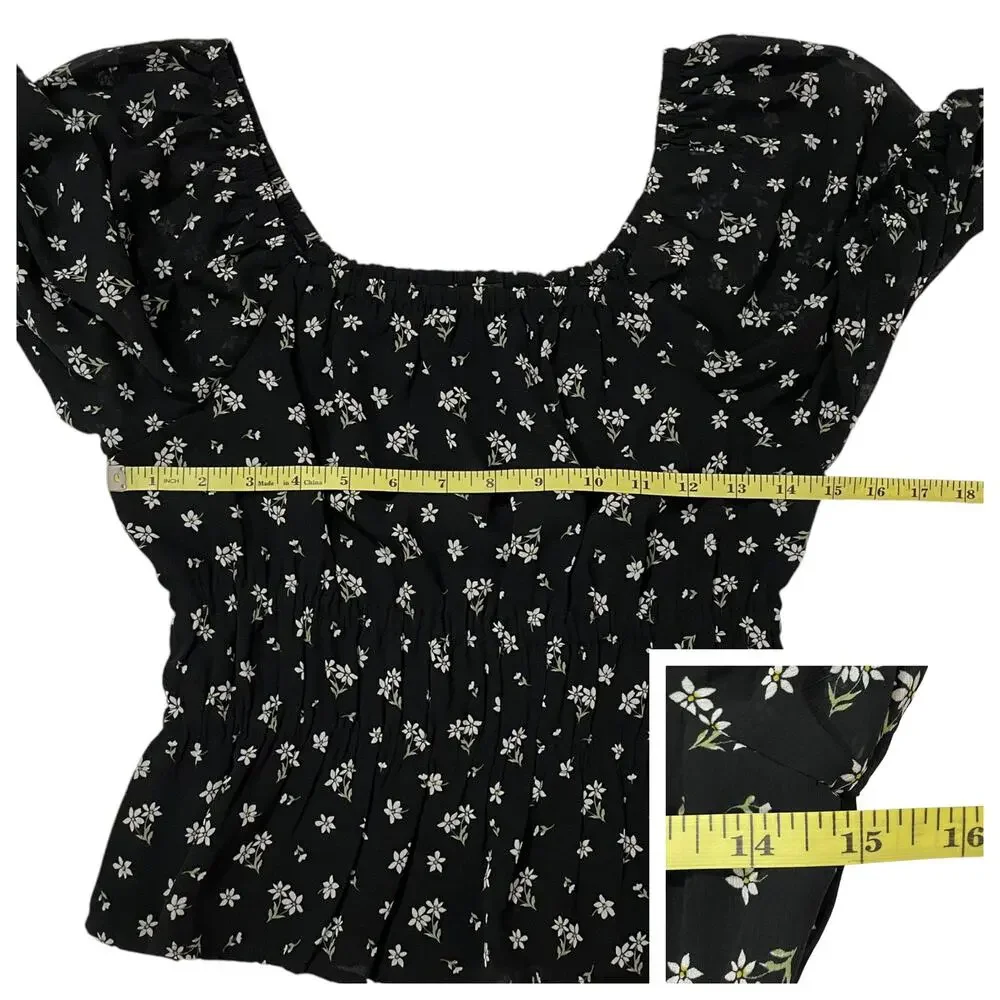 Madewell Zira Shirred Puff Sleeve Blouse - Ditsy Floral True Black - XS
