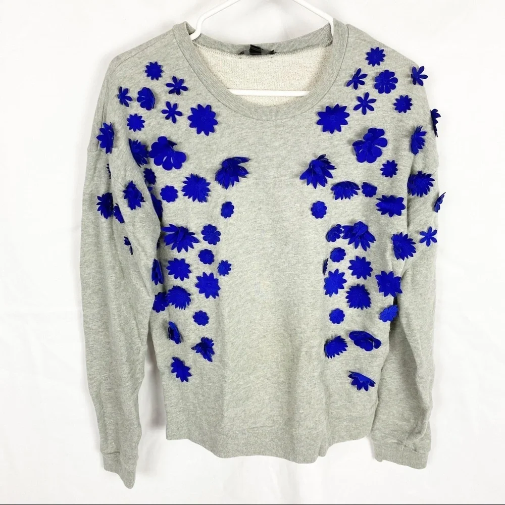 JCREW Blue Floral Embellished Grey Sweatshirt