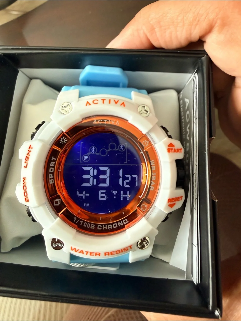 Activa White and Light Blue Sport Digital Watch with Orange Accent