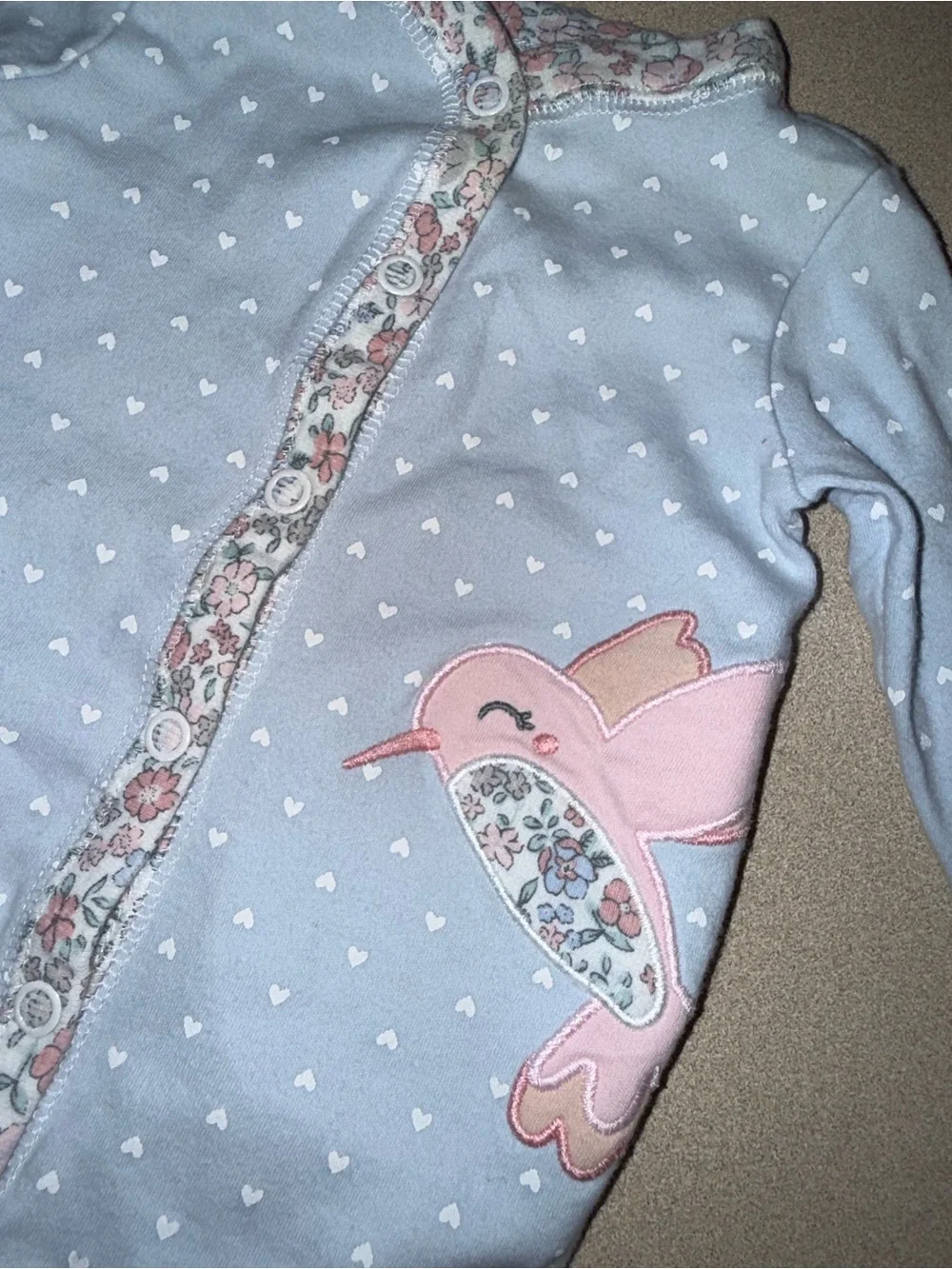 Carter’s baby girl size 3 months pajamas blue white polka dot pink floral hummin