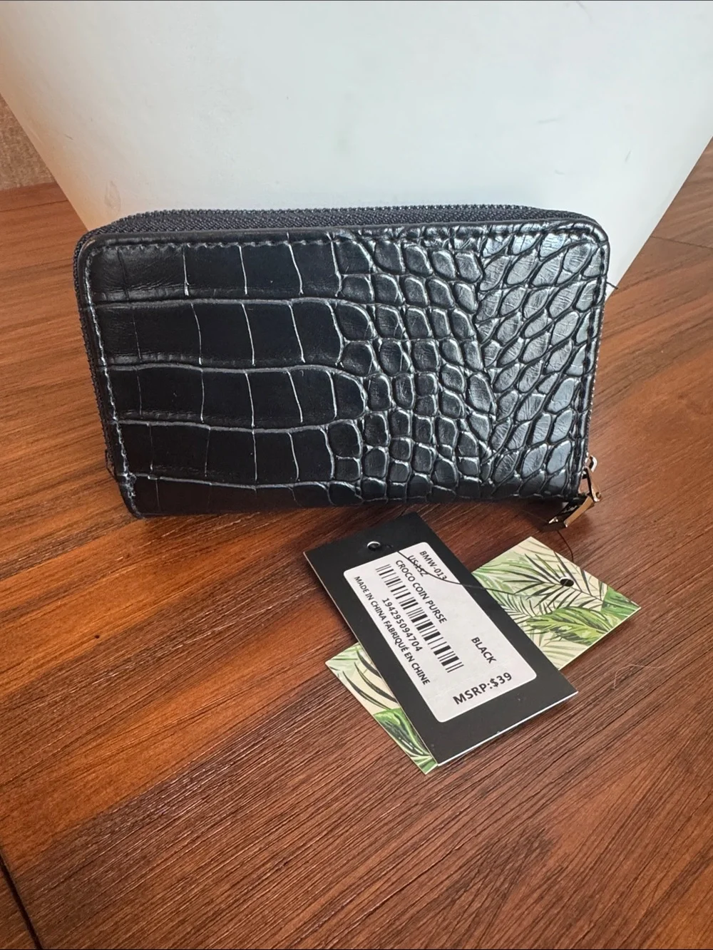 Badgley Mischka Black Croc-Embossed Zip Wallet with Silver Logo