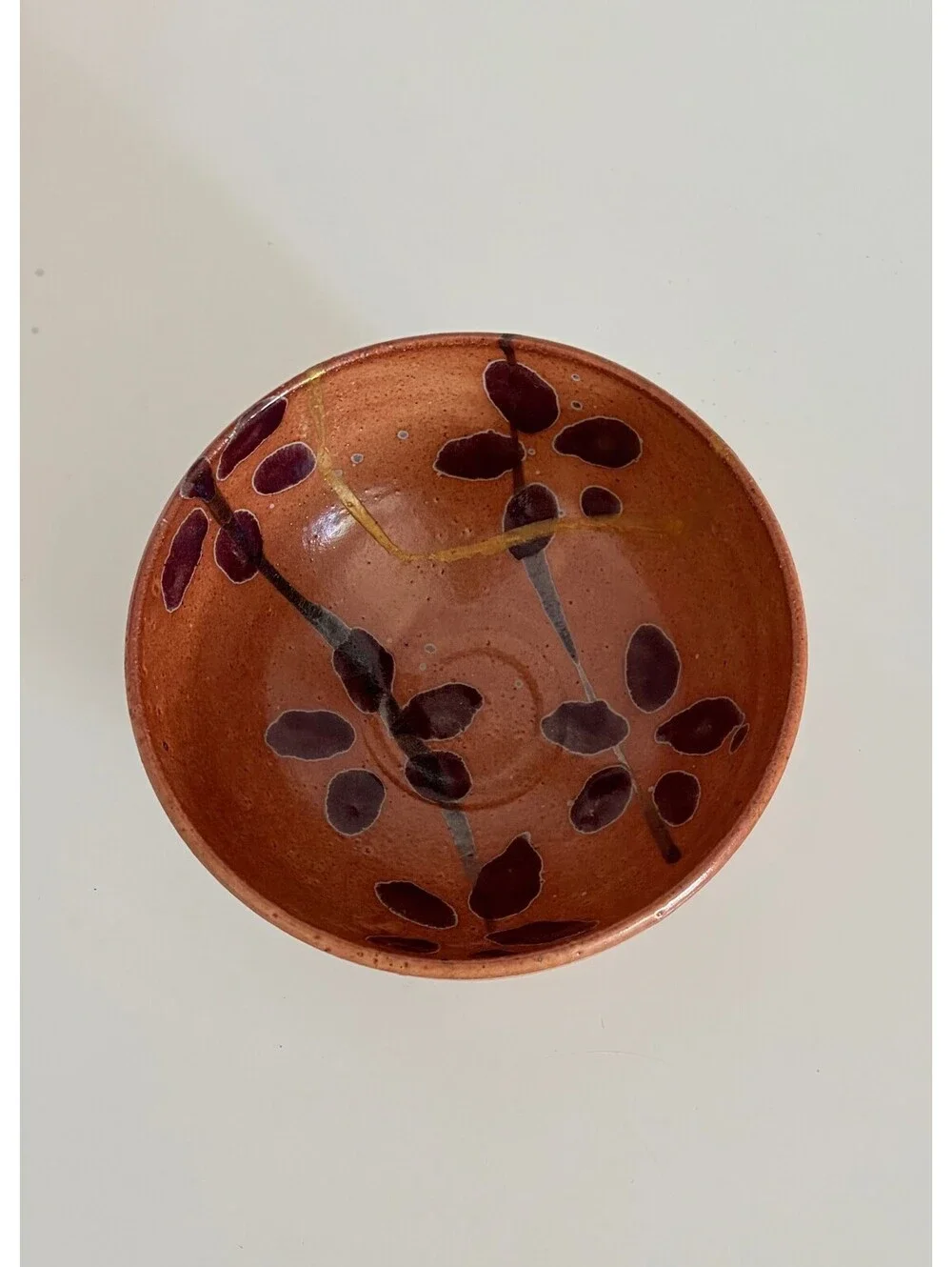 Kintsugi Stoneware Bowl Vintage Studio Pottery Speckled Hand Painted Florals