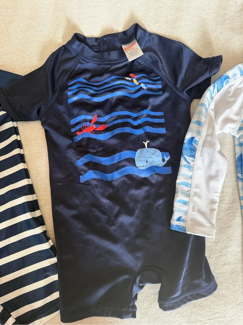 Carter's Navy and White Striped & Shark Print Swim Rompers Set